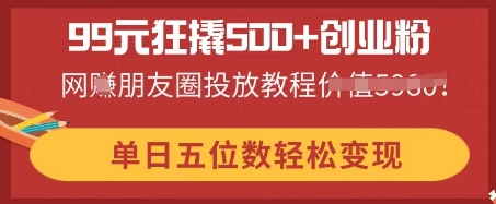 99元狂撬500+创业粉，单日五位数轻松变现，网创朋友圈投放教程-资源网