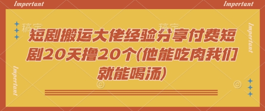 短剧搬运大佬经验分享付费短剧20天撸20个(他能吃肉我们就能喝汤)-资源网